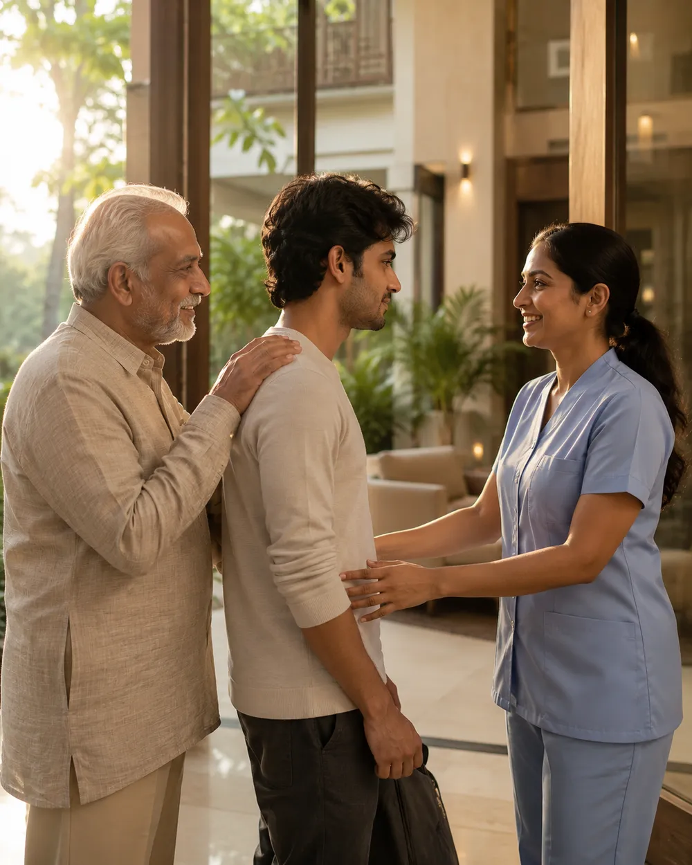 A father entrusting his son to a warm, welcoming nurse at Bharosa Eternal Home